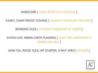 HARDCORE ( SAND APPROACH SDN BHD )
EXMET, DAMP PROOF COURSE ( SANWAY HARDWARE TRADING )
BONDING TILES ( JAYAMAS HARDWARE & TIMBER )
EAVES CAP, 180MM GIRTH FLASHING ( SENG BEE HARDWARE &
TIMBER SDN BHD )
MAIN TILE, RIDGE TILES, HIP STARTER, 3 WAY APEX ( MONIER )
 