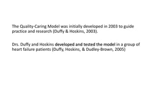 The Quality-Caring Model was initially developed in 2003 to guide
practice and research (Duffy & Hoskins, 2003).
Drs. Duffy and Hoskins developed and tested the model in a group of
heart failure patients (Duffy, Hoskins, & Dudley-Brown, 2005)
 