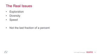 © 2014 MapR Technologies 13
The Real Issues
• Exploration
• Diversity
• Speed
• Not the last fraction of a percent
 