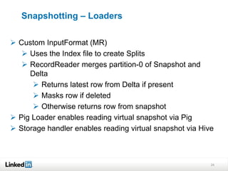 Snapshotting – Loaders
24
 Custom InputFormat (MR)
 Uses the Index file to create Splits
 RecordReader merges partition-0 of Snapshot and
Delta
 Returns latest row from Delta if present
 Masks row if deleted
 Otherwise returns row from snapshot
 Pig Loader enables reading virtual snapshot via Pig
 Storage handler enables reading virtual snapshot via Hive
 