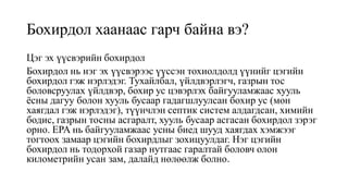 Бохирдол хаанаас гарч байна вэ?
Цэг эх үүсвэрийн бохирдол
Бохирдол нь нэг эх үүсвэрээс үүссэн тохиолдолд үүнийг цэгийн
бохирдол гэж нэрлэдэг. Тухайлбал, үйлдвэрлэгч, газрын тос
боловсруулах үйлдвэр, бохир ус цэвэрлэх байгууламжаас хууль
ёсны дагуу болон хууль бусаар гадагшлуулсан бохир ус (мөн
хаягдал гэж нэрлэдэг), түүнчлэн септик систем алдагдсан, химийн
бодис, газрын тосны асгаралт, хууль бусаар асгасан бохирдол зэрэг
орно. EPA нь байгууламжаас усны биед шууд хаягдах хэмжээг
тогтоох замаар цэгийн бохирдлыг зохицуулдаг. Нэг цэгийн
бохирдол нь тодорхой газар нутгаас гаралтай боловч олон
километрийн усан зам, далайд нөлөөлж болно.
 