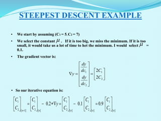 • We start by assuming (C1 = 5, C2 = 7)
• We select the constant . If it is too big, we miss the minimum. If it is too
small, it would take us a lot of time to het the minimum. I would select =
0.1.
• The gradient vector is:
STEEPEST DESCENT EXAMPLE


]
[
2
1
]
[
2
1
]
[
2
1
]
[
2
1
]
1
[
2
1
9
.
0
1
.
0
2
.
0
n
n
n
n
n
C
C
C
C
C
C
y
C
C
C
C



























































2
1
2
1
2
2
C
C
dc
dy
dc
dy
y
• So our iterative equation is:
 