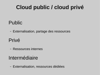 Cloud public / cloud privé
Public
– Externalisation, partage des ressources
Privé
– Ressources internes
Intermédiaire
– Externalisation, ressources dédiées
 