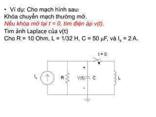 • Ví dụ: Cho mạch hình sau:
Khóa chuyển mạch thường mở.
Nếu khóa mở tại t = 0, tìm điện áp v(t).
Tìm ảnh Laplace của v(t)
Cho R = 10 Ohm, L = 1/32 H, C = 50 μF, và Is = 2 A.
 