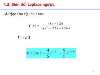 27
4.3. Biến đổi Laplace ngược
Bài tập: Cho Y(s) như sau:
Tìm y(t)
 