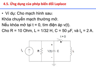 • Ví dụ: Cho mạch hình sau:
Khóa chuyển mạch thường mở.
Nếu khóa mở tại t = 0, tìm điện áp v(t).
Cho R = 10 Ohm, L = 1/32 H, C = 50 μF, và Is = 2 A.
4.5. Ứng dụng của phép biến đổi Laplace
 