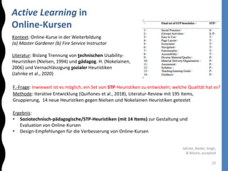 Active Learning in
Online-Kursen
22
F.-Frage: Inwieweit ist es möglich, ein Set von STP-Heuristiken zu entwickeln; welche Qualität hat es?
Methode: Iterative Entwicklung (Quiñones et al., 2018), Literatur-Review mit 195 Items,
Gruppierung, 14 neue Heuristiken gegen Nielsen und Nokelainen Heuristiken getestet
Ergebnis:
• Soziotechnisch-pädagogische/STP-Heuristiken (mit 14 Items) zur Gestaltung und
Evaluation von Online-Kursen
• Design-Empfehlungen für die Verbesserung von Online-Kursen
Jahnke, Riedel, Singh,
& Moore, accepted
Kontext: Online-Kurse in der Weiterbildung
(a) Master Gardener (b) Fire Service Instructor
Literatur: Bislang Trennung von technischen Usability-
Heuristiken (Nielsen, 1994) und pädagog. H. (Nokelainen,
2006) und Vernachlässigung sozialer Heuristiken
(Jahnke et al., 2020)
 