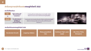Continued Tight Labor
supply
ลําดับเหตุการณสําคัญของเศรษฐกิจโลกป 2022
15
Dec ECB meeting with
Macroeconomic
projections
การประชุมนโยบายการเงินของธนาคารกลางยุโรป (ECB)
พรอมกับการคาดการณการเติบโตของเศรษฐกิจยูโรโซน
2H2022 The 20th National
Congress of
the Chinese
Communist Party
การประชุมสภาประชาชนแหงชาติของจีน ซึ่งมีความสําคัญตอเศรษฐกิจ
เนื่องจากการประชุมจะเปนการกําหนดนโยบายที่สําคัญของจีน
ในดานตาง ๆ
ประเด็นที่ตองจับตา
ประเด็นสําคัญของเศรษฐกิจโลกป 2022
Decelerated Growth Lingering Inflation Rising geopolitical
risks
AEs-China Policy
Divergence
15 ที่มา : ขอมูลจาก ธนาคารกลางยุโรป (ECB)
17
 