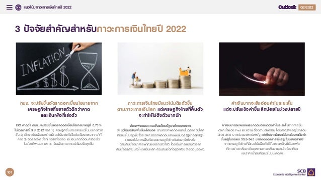 แนวโนมภาวะการเงินไทยป 2022 Q4/2021
Q2/2022
3 ปจจัยสําคัญสําหรับภาวะการเงินไทยป 2022
กนง. จะปรับขึ้นอัตราดอกเบี้ยนโยบายจาก
เศรษฐกิจไทยที่ขยายตัวดีกวาคาด
และเงินเฟอที่เรงตัว
ภาวะการเงินไทยมีแนวโนมตึงตัวขึ้น
ตามภาวะการเงินโลก แตเศรษฐกิจไทยที่ฟนตัว
จะทําใหไมตึงตัวมากนัก
คาเงินบาทจะยังออนคาในระยะสั้น
แตจะปรับแข็งคาขึ้นเล็กนอยในชวงปลายป
EIC คาดวา กนง. จะปรับขึ้นอัตราดอกเบี้ยนโยบายมาอยูที่ 0.75%
ในไตรมาสที่ 3 ป 2022 จาก 1) เศรษฐกิจในประเทศมีแนวโนมขยายตัวดี
ขึ้น 2) อัตราเงินเฟอของไทยมีแนวโนมเรงตัวขึ้นตอเนื่องและมากกวาที่
คาด 3) อัตราดอกเบี้ยที่แทจริงที่ลดลง และเงินบาทที่ออนคาลงเร็ว
ในชวงที่ผานมา และ 4) เงินเฟอคาดการณเริ่มปรับสูงขึ้น
อัตราผลตอบแทนพันธบัตรรัฐบาลไทยระยะยาว
มีแนวโนมปรับเพิ่มขึ้นเล็กนอย ตามอัตราผลตอบแทนในตลาดเงินโลก
ที่มีแนวโนมสูงขึ้น โดยเฉพาะอัตราผลตอบแทนพันธบัตรรัฐบาลสหรัฐฯ
และแนวโนมการฟนตัวของเศรษฐกิจไทยในชวงครึ่งปหลัง
ดานสินเชื่อธนาคารพาณิชยขยายตัวไดดี โดยเปนการขยายตัวจาก
สินเชื่อธุรกิจขนาดใหญเปนหลัก สวนสินเชื่อที่อยูอาศัยขยายตัวชะลอลง
คาเงินบาทจะเผชิญแรงกดดันดานออนคาในระยะสั้นจากการขึ้น
ดอกเบี้ยของ Fed และความเสี่ยงดานสงคราม โดยคาดวาจะอยูในกรอบ
34.5-35.5 บาทตอดอลลารสหรัฐ แตเงินบาทมีแนวโนมกลับมาแข็งคา
ขึ้นอยูในกรอบ 33.5-34.5 บาทตอดอลลารสหรัฐ ในชวงปลายป
จากเศรษฐกิจไทยที่มีแนวโนมฟนตัวดีขึ้นและดุลบัญชีเดินสะพัด
ที่คาดวาจะกลับมาเกินดุลตามการกลับมาของนักทองเที่ยว
และราคาน้ํามันที่มีแนวโนมชะลอลง
101
 