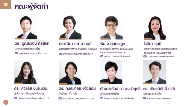 ดร. ศิวาลัย ขันธะชวนะ
ผูจัดการคลัสเตอรพลังงาน
sivalai.khantachavana@scb.co.th
คณะผูจัดทํา
ดร. ปุณยวัจน ศรีสิงห
นักเศรษฐศาสตรอาวุโส
poonyawat.sreesing@scb.co.th
ปราณิดา ศยามานนท
ผูอํานวยการฝาย Industry Analysis
pranida.syamananda@scb.co.th
พิมใจ ฮุนตระกูล
ผูอํานวยการฝาย Digital and
New Business Model
pimjai.hoontrakul@scb.co.th
โชติกา ชุมมี
ผูจัดการคลัสเตอรสินคาเกษตร
และอุตสาหกรรมการผลิต
chotika.chummee@scb.co.th
ดร. กมลมาลย แจงลอม
นักวิเคราะหอาวุโส
kamonmarn.jaenglom@scb.co.th
กัญญารัตน กาญจนวิสุทธิ์
นักวิเคราะหอาวุโส
kanyarat.kanjanavisut@scb.co.th
ดร. เกียรติศักดิ์ คําสี
นักวิเคราะหอาวุโส
kaittisak.kumse@scb.co.th
117
 