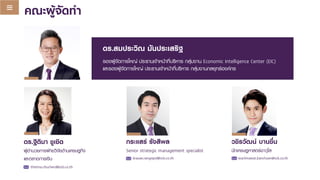 คณะผู้จัดทำ
ดร.สมประวิณ มันประเสริฐ
รองผู้จัดการใหญ่ ประธานเจ้าหน้าที่บริหาร กลุ่มงาน Economic Intelligence Center (EIC)
และรองผู้จัดการใหญ่ ประธานเจ้าหน้าที่บริหาร กลุ่มงานกลยุทธ์องค์กร
กระแสร์ รังสิพล
Senior strategic management specialist
krasae.rangsipol@scb.co.th
ดร.ฐิติมา ชูเชิด
ผู้อานวยการฝ่ายวิจัยด้านเศรษฐกิจ
และตลาดการเงิน
thitima.chucherd@scb.co.th
วชิรวัฒน์ บานชื่น
นักเศรษฐศาสตร์อาวุโส
wachirawat.banchuen@scb.co.th
 
