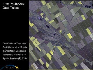 First Pol-InSAR  Data Takes Dual-Pol HH-VV Spotlight Test Site Location: Russia InSAR Mode: Monostatic Temporal Baseline: 3sec Spatial Baseline ( ┴ ): 275m 