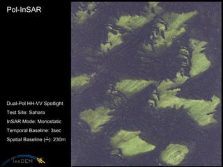Pol-InSAR Dual-Pol HH-VV Spotlight Test Site: Sahara InSAR Mode: Monostatic Temporal Baseline: 3sec Spatial Baseline ( ┴ ): 230m 