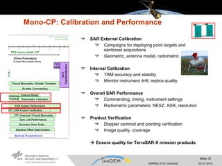 Mono-CP: Calibration and Performance SAR External Calibration Campaigns for deploying point targets and  rainforest acquisitions Geometric, antenna model, radiometric Internal Calibration TRM accuracy and stability  Monitor instrument drift, replica quality Overall SAR Performance Commanding, timing, instrument settings Radiometric parameters: NESZ, ASR, resolution Product Verification Doppler centroid and pointing verification Image quality, coverage    Ensure quality for TerraSAR-X mission products 