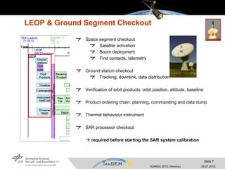 LEOP & Ground Segment Checkout Space segment checkout Satellite activation Boom deployment First contacts, telemetry Ground station checkout Tracking, downlink, data distribution Verification of orbit products: orbit position, attitude, baseline Product ordering chain: planning, commanding and data dump Thermal behaviour instrument SAR processor checkout    required before starting the SAR system calibration 