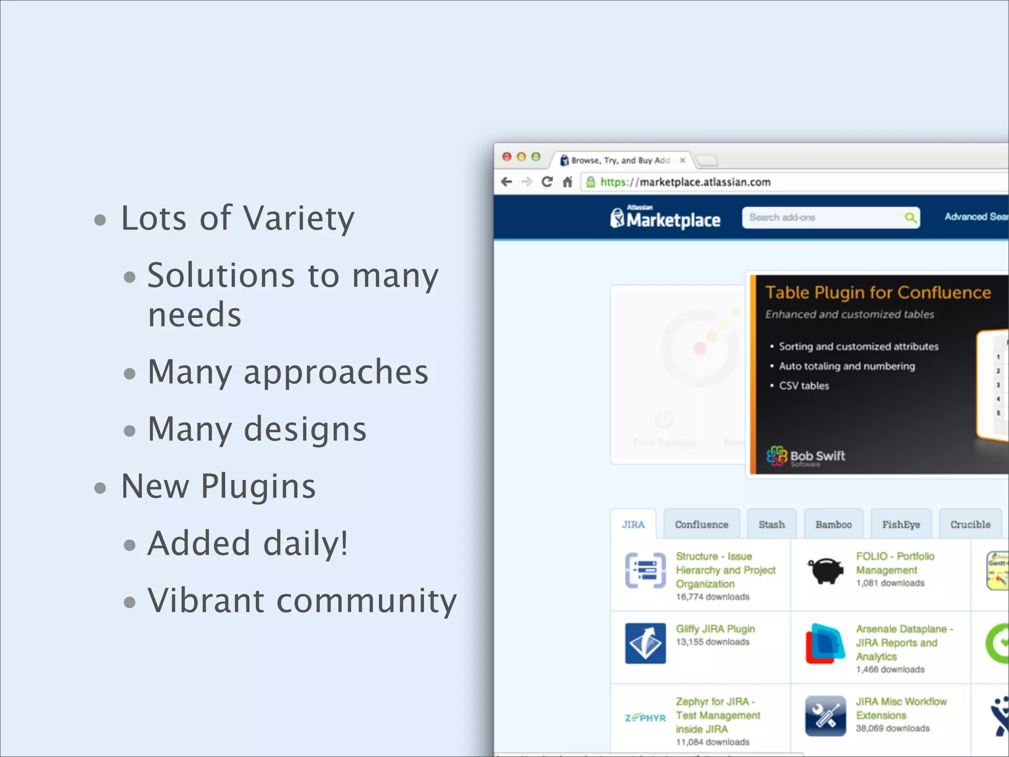 • Lots of Variety
• Solutions to many
needs
• Many approaches
• Many designs
• New Plugins
• Added daily!
• Vibrant community

 