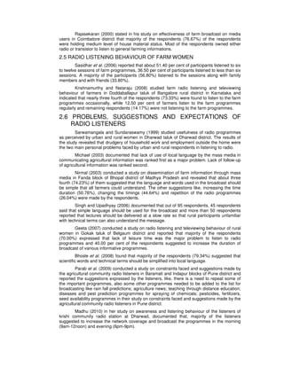 Rajasekaran (2000) stated in his study on effectiveness of farm broadcast on media
users in Coimbatore district that majority of the respondents (76.67%) of the respondents
were holding medium level of house material status. Most of the respondents owned either
radio or transistor to listen to general farming informations.
2.5 RADIO LISTENING BEHAVIOUR OF FARM WOMEN
Sasidhar et al. (2006) reported that about 51.40 per cent of participants listened to six
to twelve sessions of farm programmes, 36.50 per cent of participants listened to less than six
sessions. A majority of the participants (56.80%) listened to the sessions along with family
members and with friends (33.80%).
Krishnamurthy and Nataraju (2008) studied farm radio listening and televiewing
behaviour of farmers in Doddaballapur taluk of Bangalore rural district in Karnataka and
indicated that nearly three fourth of the respondents (73.33%) were found to listen to the farm
programmes occasionally, while 12.50 per cent of farmers listen to the farm programmes
regularly and remaining respondents (14.17%) were not listening to the farm programmes.
2.6 PROBLEMS, SUGGESTIONS AND EXPECTATIONS OF
RADIO LISTENERS
Sarwamangala and Sundaraswamy (1999) studied usefulness of radio programmes
as perceived by urban and rural women in Dharwad taluk of Dharwad district. The results of
the study revealed that drudgery of household work and employment outside the home were
the two main personal problems faced by urban and rural respondents in listening to radio.
Michael (2003) documented that lack of use of local language by the mass media in
communicating agricultural information was ranked first as a major problem. Lack of follow-up
of agricultural information was ranked second.
Nirmal (2003) conducted a study on dissemination of farm information through mass
media in Fanda block of Bhopal district of Madhya Pradesh and revealed that about three
fourth (74.23%) of them suggested that the language and words used in the broadcast should
be simple that all farmers could understand. The other suggestions like, increasing the time
duration (50.76%), changing the timings (44.64%) and repetition of the radio programmes
(26.04%) were made by the respondents.
Singh and Upadhyay (2006) documented that out of 95 respondents, 45 respondents
said that simple language should be used for the broadcast and more than 50 respondents
reported that lectures should be delivered at a slow rate so that rural participants unfamiliar
with technical terms can also understand the message.
Geeta (2007) conducted a study on radio listening and televiewing behaviour of rural
women in Gokak taluk of Belgaum district and reported that majority of the respondents
(70.00%) expressed that lack of leisure time was the major problem to listen to radio
programmes and 40.00 per cent of the respondents suggested to increase the duration of
broadcast of various informative programmes.
Bhosle et al. (2008) found that majority of the respondents (79.34%) suggested that
scientific words and technical terms should be simplified into local language.
Parab et al. (2009) conducted a study on constraints faced and suggestions made by
the agricultural community radio listeners in Baramati and Indapur blocks of Pune district and
reported the suggestions expressed by the listeners, like, there is a need to repeat some of
the important programmes, also some other programmes needed to be added to the list for
broadcasting like rain fall predictions; agriculture news; teaching through distance education;
diseases and pest prediction programmes for spraying of chemicals; pesticides, fertilizers,
seed availability programmes in their study on constraints faced and suggestions made by the
agricultural community radio listeners in Pune district.
Madhu (2010) in her study on awareness and listening behaviour of the listeners of
krishi community radio station at Dharwad, documented that, majority of the listeners
suggested to increase the network coverage and broadcast the programmes in the morning
(9am-12noon) and evening (6pm-9pm).
 