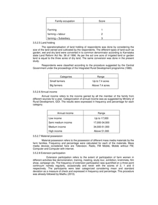 Family occupation Score
Farming
farming + labour
farming + Subsidiary
1
2
3
3.5.2.5 Land holding
The operationalisation of land holding of respondents was done by considering the
size of the land owned and cultivated by the respondents. The different types of land such as
garden, wet and dry land were converted in to common denominator according to Karnataka
state Land Reform Act No. 38 of 1996. As per the act one acre of irrigated land or garden
land is equal to the three acres of dry land. The same conversion was done in the present
study.
Respondents were classified according to the procedure suggested by the Central
Government under the proceedings of the Integrated Rural Development programme (1980).
Categories Range
Small farmers
Big farmers
Up to 7.4 acres
Above 7.4 acres
3.5.2.6 Annual income
Annual income refers to the income gained by all the member of the family from
different sources for a year. Categorization of annual income was as suggested by Ministry of
Rural Development, GOI. The results were expressed in frequency and percentage for each
category.
Annual income Range
Low income
Semi medium income
Medium income
High income
Up to 17,000
17,000-34,000
34,000-51,000
Above 51,000
3.5.2.7 Material possession
Material possession refers to the possession of different mass media materials by the
farm families. Frequency and percentage were calculated for each of the materials. Mass
media devices considered here are Television. Radio, FM Mobile, Mobile without FM,
Computer and Computer with internet.
3.5.2.8 Extension participation
Extension participation refers to the extent of participation of farm women in
different activities like demonstration, training, meeting, study tour, exhibition, krishimela, film
show, campaign etc. The frequency of extension participation was quantified on a three point
continuum namely regularly, occasionally and never with the scores of 2, 1 and 0
respectively. The participants were later categorized considering mean and standard
deviation as a measure of check and expressed in frequency and percentage. This procedure
was already followed by Madhu (2010).
 