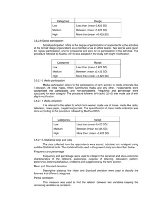 Categories Range
Low
Medium
High
Less than (mean-0.425 SD)
Between (mean ±0.425 SD)
More than (mean +0.425 SD)
3.5.2.9 Social participation
Social participation refers to the degree of participation of respondents in the activities
of the formal village organizations as a member or as an office bearer. Two scores were given
for regular participation, one for occasional and zero for no participation in the activities. The
procedure followed by Madhu (2010) was adopted in the study with slight modification.
Categories Range
Low
Medium
High
Less than (mean-0.425 SD)
Between (mean ±0.425 SD)
More than (mean +0.425 SD)
3.5.2.10 Media participation
Media participation refers to the participation of farm women in media channels like
Television, All India Radio, Krishi Community Radio and any other. Respondents were
categorized into participated and non-participated. Frequency and percentage were
calculated for each category. The procedure followed by Madhu (2010) was made use of with
slight modification.
3.5.2.11 Media utilization
It is referred to the extent to which farm women made use of mass- media like radio,
television, news paper, magazines/journals. The quantification of mass media utilization was
done according to the procedure followed by Madhu (2010).
Categories Range
Low
Medium
High
Less than (mean-0.425 SD)
Between (mean ±o.425 SD)
More than (mean +0.425 SD)
3.5.2.12. Statistical tools and tests
The data collected from the respondents were scored, tabulated and analyzed using
suitable Statistical tools. The statistical tools used in the present study are described below.
Frequency and percentage
Frequency and percentage were used to interpret the personal and socio-economic
characteristics of the listeners, awareness, purpose of listening, discussion pattern,
preference, listening behaviour, problems and suggestions by the farm women.
Mean and Standard deviation
Descriptive statistics like Mean and Standard deviation were used to classify the
listeners into different categories.
Partial correlation
This measure was used to find the relation between two variables keeping the
remaining variables as constants.
 