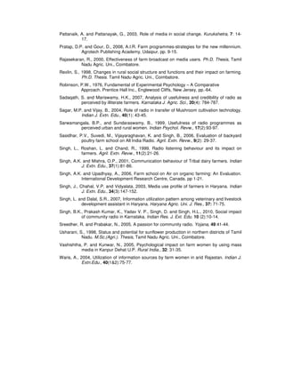Pattanaik, A. and Pattanayak, G., 2003, Role of media in social change. Kurukshetra, 7: 14-
17.
Pratap, D.P. and Gour, D., 2008, A.I.R. Farm programmes-strategies for the new millennium.
Agrotech Publishing Academy, Udaipur, pp. 9-15.
Rajasekaran, R., 2000, Effectiveness of farm broadcast on media users. Ph.D. Thesis, Tamil
Nadu Agric. Uni., Coimbatore.
Rexlin, S., 1998, Changes in rural social structure and functions and their impact on farming.
Ph.D. Thesis. Tamil Nadu Agric. Uni., Coimbatore.
Robinson, P.W., 1976, Fundamental of Experimental Psychology – A Comparative
Approach. Prentice Hall Inc., Englewood Cliffs, New Jersey, pp.-64.
Sadaqath, S. and Mariswamy, H.K., 2007, Analysis of usefulness and credibility of radio as
perceived by illiterate farmers. Karnataka J. Agric. Sci., 20(4): 784-787.
Sagar, M.P. and Vijay, B., 2004, Role of radio in transfer of Mushroom cultivation technology.
Indian J. Extn. Edu., 40(1): 43-45.
Sarwamangala, B.P., and Sundaraswamy, B., 1999, Usefulness of radio programmes as
perceived urban and rural women. Indian Psychol. Revw., 17(2):93-97.
Sasidhar, P.V., Suvedi, M., Vijayaraghavan, K. and Singh, B., 2006, Evaluation of backyard
poultry farm school on All India Radio. Agril. Extn. Revw., 9(2): 29-37.
Singh, L., Roshan, L. and Chand, R., 1999, Radio listening behaviour and its impact on
farmers. Agril. Extn. Revw., 11(2):21-26.
Singh, A.K. and Mishra, O.P., 2001, Communication behaviour of Tribal dairy farmers. Indian
J. Extn. Edu., 37(1):81-86.
Singh, A.K. and Upadhyay, A., 2006, Farm school on Air on organic farming: An Evaluation.
International Development Research Centre, Canada. pp 1-21.
Singh, J., Chahal, V.P. and Vidyalata, 2003, Media use profile of farmers in Haryana. Indian
J. Extn. Edu., 34(3):147-152.
Singh, L. and Dalal, S.R., 2007, Information utilization pattern among veterinary and livestock
development assistant in Haryana. Haryana Agric. Uni. J. Res., 37: 71-75.
Singh, B.K., Prakash Kumar, K., Yadav V. P., Singh, D. and Singh, H.L., 2010, Social impact
of community radio in Karnataka. Indian Res. J. Ext. Edu. 10 (2):10-14.
Sreedher, R. and Prabakar, N., 2005, A passion for community radio. Yojana, 49:41-44.
Usharani, S., 1998, Status and potential for sunflower production in northern districts of Tamil
Nadu. M.Sc.(Agri.). Thesis, Tamil Nadu Agric. Uni., Coimbatore.
Vashishtha, P. and Kunwar, N., 2005, Psychological impact on farm women by using mass
media in Kanpur Dehat U.P. Rural India., 32: 31-35.
Waris, A., 2004, Utilization of information sources by farm women in arid Rajastan. Indian J.
Extn.Edu., 40(1&2):75-77.
 