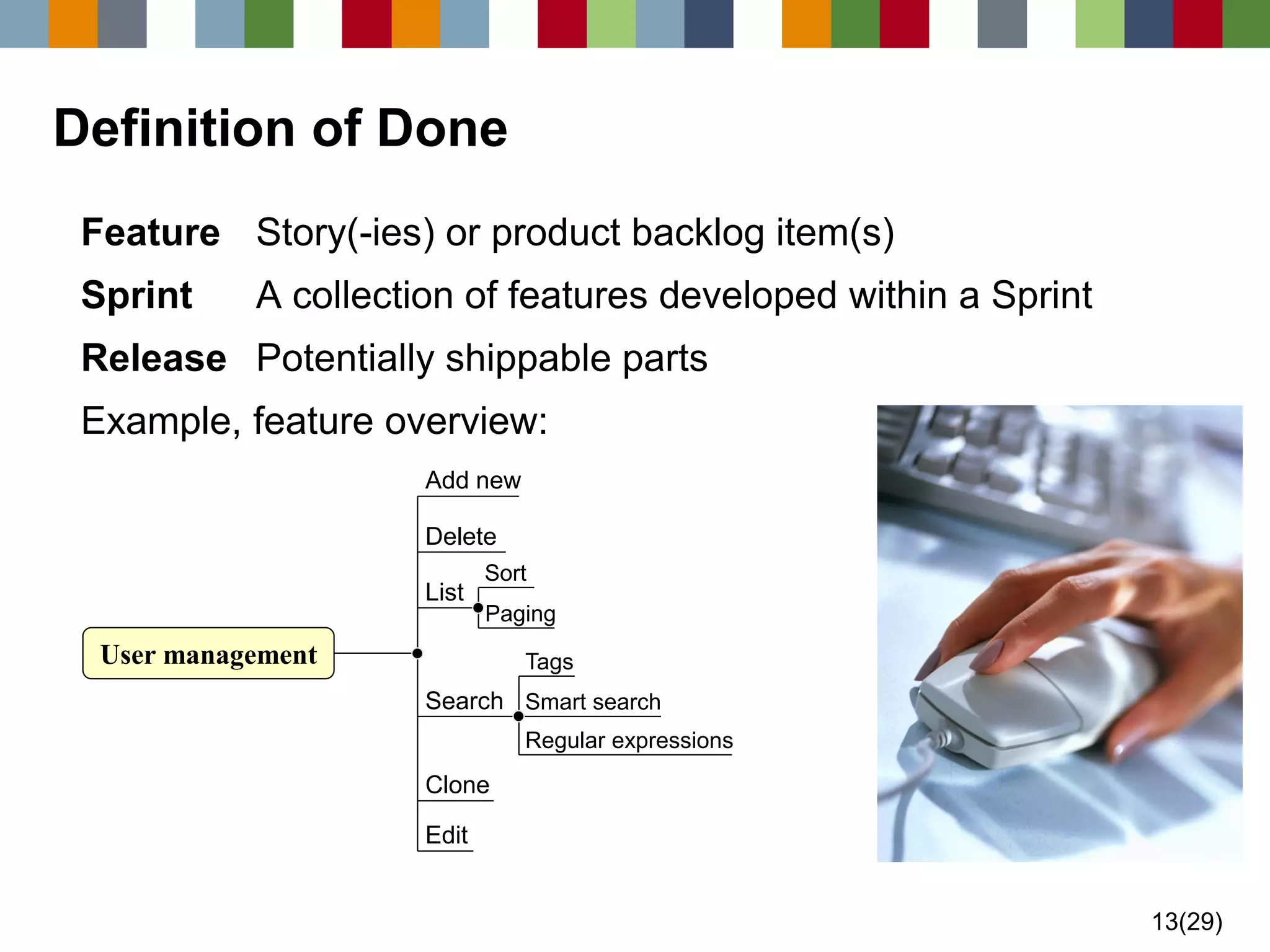 13(29) 
Definition of Done 
FeatureStory(-ies) or product backlog item(s) 
SprintA collection of features developed within a Sprint 
ReleasePotentially shippable parts 
Example, feature overview: User managementAdd new 
Delete 
List 
SortPagingSearch 
Tags 
Smart search 
Regular expressions 
CloneEdit  