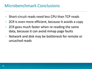 Microbenchmark Conclusions
• Short-circuit reads need less CPU than TCP reads
• ZCR is even more efficient, because it avo...