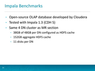 Impala Benchmarks
• Open-source OLAP database developed by Cloudera
• Tested with Impala 1.3 (CDH 5)
• Same 4 DN cluster a...