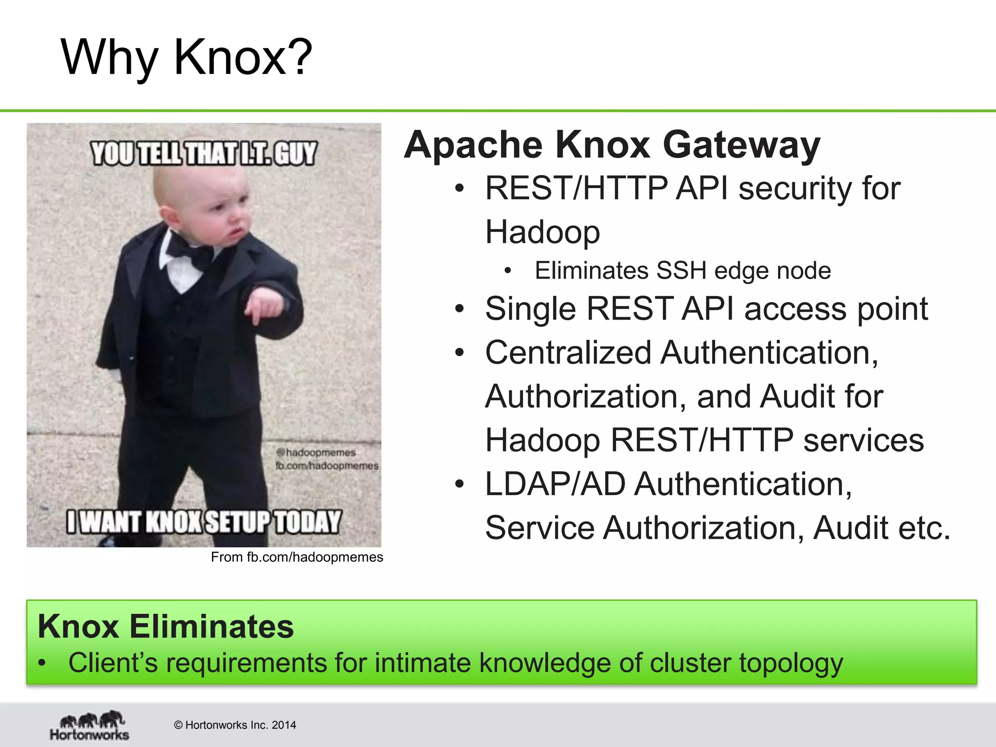 © Hortonworks Inc. 2014
Why Knox?
From fb.com/hadoopmemes
Apache Knox Gateway
• REST/HTTP API security for
Hadoop
• Eliminates SSH edge node
• Single REST API access point
• Centralized Authentication,
Authorization, and Audit for
Hadoop REST/HTTP services
• LDAP/AD Authentication,
Service Authorization, Audit etc.
Knox Eliminates
• Client’s requirements for intimate knowledge of cluster topology
 
