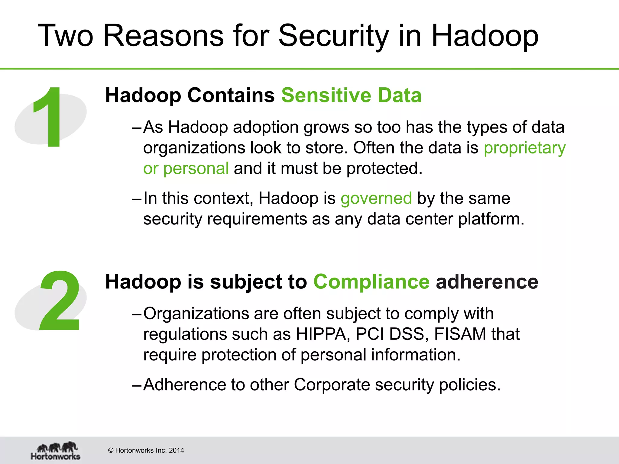 © Hortonworks Inc. 2014
Two Reasons for Security in Hadoop
Hadoop Contains Sensitive Data
–As Hadoop adoption grows so too has the types of data
organizations look to store. Often the data is proprietary
or personal and it must be protected.
–In this context, Hadoop is governed by the same
security requirements as any data center platform.
Hadoop is subject to Compliance adherence
–Organizations are often subject to comply with
regulations such as HIPPA, PCI DSS, FISAM that
require protection of personal information.
–Adherence to other Corporate security policies.
1
2
 