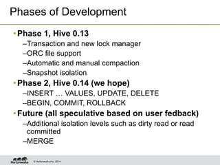 © Hortonworks Inc. 2014
•Phase 1, Hive 0.13
–Transaction and new lock manager
–ORC file support
–Automatic and manual compaction
–Snapshot isolation
•Phase 2, Hive 0.14 (we hope)
–INSERT … VALUES, UPDATE, DELETE
–BEGIN, COMMIT, ROLLBACK
•Future (all speculative based on user fedback)
–Additional isolation levels such as dirty read or read
committed
–MERGE
Phases of Development
 