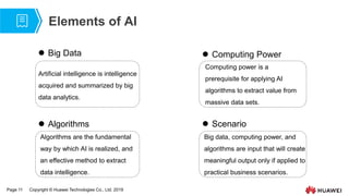 Page 11 Copyright © Huawei Technologies Co., Ltd. 2019
Computing power is a
prerequisite for applying AI
algorithms to extract value from
massive data sets.
Big data, computing power, and
algorithms are input that will create
meaningful output only if applied to
practical business scenarios.
Elements of AI
 Big Data  Computing Power
 Algorithms  Scenario
Artificial intelligence is intelligence
acquired and summarized by big
data analytics.
Algorithms are the fundamental
way by which AI is realized, and
an effective method to extract
data intelligence.
 