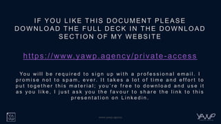 www.yawp.agency
IF YOU LIKE THIS DOCUMENT PLEASE
DOWNLOAD THE FULL DECK IN THE DOWNLOAD
SECTION OF MY WEBSITE
https://www.yawp.agency/private-access
Yo u w i l l b e r e q u i r e d t o s i g n u p w i t h a p r o f e s s i o n a l e m a i l . I
p r o m i s e n o t t o s p a m , e v e r. I t t a k e s a l o t o f t i m e a n d e f f o r t t o
p u t t o g e t h e r t h i s m a t e r i a l ; y o u ’ r e f r e e t o d o w n l o a d a n d u s e i t
a s y o u l i k e , I j u s t a s k y o u t h e f a v o u r t o s h a r e t h e l i n k t o t h i s
p r e s e n t a t i o n o n L i n k e d i n .
 