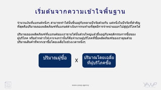 www.yawp.agency
เริ่มต ้นจากความเข ้าใจพื้นฐาน
ปริมาณโดยเฉลี่ย
ที่ผู้บริโภคซื้อ
ปริมาณผู้ซื้อ
X
จานวนเงินที่แบรนด์หนึ่งๆ สามารถทาได ้นั้นขึ้นอยู่กับหลายปัจจัยด ้วยกัน แต่หนึ่งในปัจจัยที่สาคัญ
ที่สุดคือปริมาณของผลิตภัณฑ์ที่แบรนด์ดาเนินการจนท ้ายที่สุดมีการจาหน่ายออกไปสู่ผู้บริโภคได ้
ปริมาณของผลิตภัณฑ์ที่แบรนด์ของเราขายได ้นั้นส่วนใหญ่แล ้วขึ้นอยู่กับพฤติกรรมการซื้อของ
ผู้บริโภค หรือถ ้ากล่าวให ้เจาะจงกว่านั้นก็คือจานวนผู้บริโภคที่ซื้อผลิตภัณฑ์ของเราคูณด ้วย
ปริมาณสินค ้าที่พวกเขาซื้อโดยเฉลี่ยในช่วงเวลาหนึ่งๆ
 