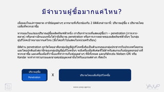 www.yawp.agency
มีจานวนผู้ซื้อมากแค่ไหน?
ปริมาณโดยเฉลี่ยที่ผู้บริโภคซื้อ
ปริมาณผู ้ซื้อ
Penetration
X
เมื่อมองในแง่การตลาด เรามีข ้อมูลต่างๆ มากมายที่เกี่ยวข ้องกับ 2 มิติดังกล่าวมานี้: ปริมาณผู ้ซื้อ x ปริมาณโดย
เฉลี่ยที่พวกเขาซื้อ
หากมองในแง่ของปริมาณผู ้ซื้อผลิตภัณฑ์ตัวหนึ่ง เราเรียกจานวนที่แสดงผู ้ซื้อว่า – penetration (การเจาะ-
ตลาด) หรือกล่าวอีกแบบหนึ่งได ้ว่ามีปริมาณ penetration หรือการเจาะตลาดของผลิตภัณฑ์ตัวนั้นๆ ในกลุ่ม
ผู ้บริโภคเป้าหมายมากแค่ไหน (ซึ่งโดยทั่วไปแสดงในหน่วยครัวเรือน)
มิติด ้าน penetration ถูกวัดโดยอาศัยกลุ่มบัญชีผู ้บริโภคซึ่งถือเป็นตัวแทนของกลุ่มประชากรในประเทศโดยรวม
และโดยปกติแล ้วสมาชิกของกลุ่มบัญชีผู ้บริโภคนั้นๆ จะมีเครื่องมือพิเศษที่ใช ้สาหรับสแกนเก็บข ้อมูลทุกอย่างที่
พวกเขาซื้อ และเครื่องมือที่ว่านี้เองที่ทาการเก็บข ้อมูลต่างๆ ที่มีทั้งหมด และบริษัทเช่น Nielsen GfK หรือ
Kandar จะทาการรวบรวมและขายต่อข ้อมูลเหล่านั้นให ้กับแบรนด์ต่างๆ ที่สนใจ
 