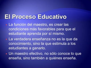 Crecía “en gracia para con los hombres” –desarrollo emocional y social. El Proceso EducativoLA MANERA EN LA QUE LA GENTE APRENDE, DETERMINA CÓMO USTED ENSEÑA.El Proceso EducativoLa función del maestro, es crear las condiciones más favorables para que el estudiante aprenda por sí mismo. La verdadera enseñanza no es la que da conocimiento, sino la que estimula a los estudiantes a ganarlo. Un maestro efectivo, no sólo conoce lo que enseña, sino también a quiénes enseña.