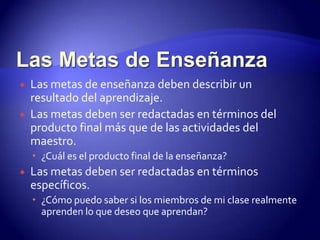 Las Metas de Enseñanza Las metas de enseñanza deben describir un resultado del aprendizaje.Las metas deben ser redactadas en términos del producto final más que de las actividades del maestro.  ¿Cuál es el producto final de la enseñanza?Las metas deben ser redactadas en términos específicos. ¿Cómo puedo saber si los miembros de mi clase realmente aprenden lo que deseo que aprendan?