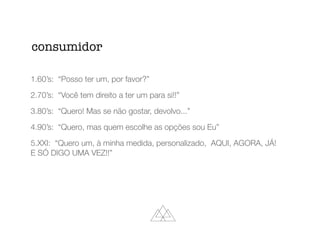 consumidor
1.60’s: “Posso ter um, por favor?”
2.70’s: “Você tem direito a ter um para si!!”
3.80’s: “Quero! Mas se não gostar, devolvo...”
4.90’s: “Quero, mas quem escolhe as opções sou Eu”
5.XXI: “Quero um, à minha medida, personalizado, AQUI, AGORA, JÁ!
E SÓ DIGO UMA VEZ!!”
 