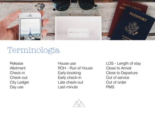Terminologia
Release
Allotment
Check-in
Check-out
City Ledger
Day use
House use
ROH - Run of House
Early-booking
Early check-in
Late check-out
Last-minute
LOS - Length of stay
Close to Arrival
Close to Departure
Out of service
Out of order
PMS
 