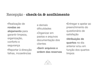 •Realização de
rondas ao
alojamento para
garantir limpeza,
organização,
conforto e
segurança

•Reportar à direcção
falhas, incoerências
e demais
diﬁculdades

•Organizar em
pastas e arquivos
documentação dos
clientes

•Gerir arquivos e
ordem das reservas
•Entregar e apelar ao
preenchimento do
questionário de
satisfação

•Atribuição de
quartos no dia
anterior e/ou em
função dos quartos
limpos
Recepção - check-in & acolhimento
 
