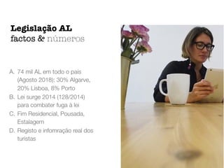 A. 74 mil AL em todo o país
(Agosto 2018): 30% Algarve,
20% Lisboa, 8% Porto
B. Lei surge 2014 (128/2014)
para combater fuga à lei
C. Fim Residencial, Pousada,
Estalagem
D. Registo e infomração real dos
turistas
Legislação AL
factos & números
 