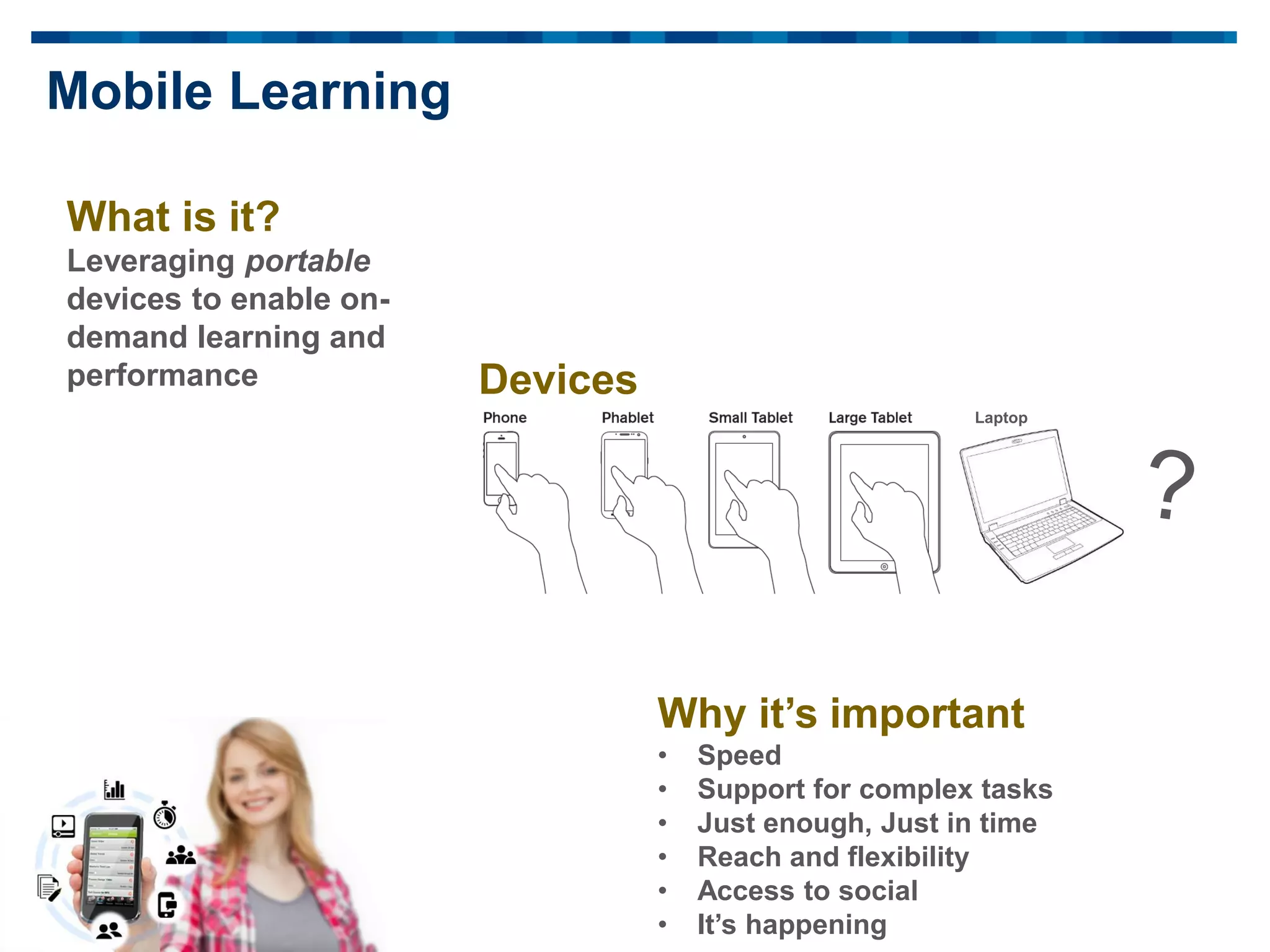 Mobile Learning
What is it?
Leveraging portable
devices to enable on-
demand learning and
performance
Why it’s important
• Speed
• Support for complex tasks
• Just enough, Just in time
• Reach and flexibility
• Access to social
• It’s happening
Devices
Laptop
 