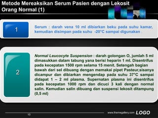 Metode Mereaksikan Serum Pasien dengan Lekosit Orang Normal (1)Serum : darah vena10 ml dibiarkan beku pada suhu kamar, kemudian disimpan pada suhu  -20°C sampai digunakan.12Normal Leucocyte Suspension : darah golongan O, jumlah 5 ml dimasukkan dalam tabung yana berisi heparin 1 ml.Disentrifus pada kecepatan 1500 rpm selama 15 menit. Setengah bagian bawah dari sel dibuang dengan memakai pipet Pasteur,sisanya dicampur dan dibiarkan mengendap pada suhu 37°C sampai didapat 1 – 2 ml plasma.Supernatan plasma ini disentrifus pada kecepatan 1000 rpm dan dicuci 3 kali dengan normal salin. Kemudian salin dibuang dan suspensi lekosit ditampung (0,5 ml)www.themegallery.com10
