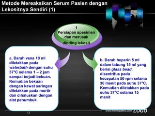Metode Mereaksikan Serum Pasien dengan Lekositnya Sendiri(1)1Persiapan spesimen dan merusak dinding lekosita. Darah vena 10 ml diletakkan pada waterbath dengan suhu 37°C selama 1 – 2 jam sampai terjadi bekuan. Kemudian bekuan dengan kawat saringan diletakkan pada mortir dan dihaluskan dengan alat penumbukb. Darah heparin 5 ml dalam tabung 15 ml yang berisi glass bead, disentrifus pada kecepatan 50 rpm selama 30 menit pada suhu 37°C. Kemudian diletakkan pada suhu 37°C selama 15 menitwww.themegallery.com12