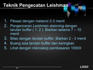 Teknik Pengecatan LeishmanFiksasidenganmetanol 2-3 menitPengenceranLeishmanstainningdenganlarutan buffer ( 1: 2 ). Biarkanselama 7 – 10 menitBilasdenganlarutan buffer. Biarkan 2 - 3 menitBuangsisalarutan buffer dankeringkanLihatdenganmikroskoppembesaran 1000X29