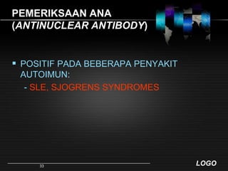 PEMERIKSAAN ANA(ANTINUCLEAR ANTIBODY)POSITIF PADA BEBERAPA PENYAKIT AUTOIMUN:     - SLE, SJOGRENS SYNDROMES33