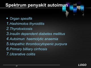 Spektrum penyakit autoimunOrgan spesifikHashimotos thyroiditisThyrotoxicosisInsulin dependent diabetes mellitusAutoimun  haemolytic anaemiaIdiopathic thrombocytopenic purpuraPrimary billiary cirrhosisUlcerative colitis37