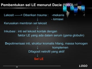 Pembentukan sel LE menurut Dacie (1993)Lekosit ——> Diberikan trauma : -mekanis- kimiawiKerusakan membran sel lekosit                                         Inkubasi : inti sel lekosit kontak dengan            faktor LE yang ada dalam serum (gama globulin)Depolimerisasi inti, struktur kromatis hilang, massa homogen                                 komplemenDifagosit netrofil yang aktifSel LE39