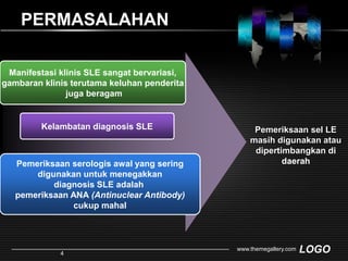 PERMASALAHANManifestasi klinis SLE sangat bervariasi,gambaran klinis terutama keluhan penderita juga beragamKelambatan diagnosis SLEPemeriksaan sel LE masih digunakan atau dipertimbangkandi daerahPemeriksaan serologis awal yang sering digunakan untuk menegakkan diagnosis SLE adalah pemeriksaan ANA (Antinuclear Antibody)cukup mahalwww.themegallery.com4