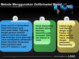 Metode Menggunakan Defibrinated Blood132Darah vena10 ml dimasukkan dalamErlenmeyer yang berisi glass beads. Digoyang dengangerakan memutar selama 5 menit atausampaitidakterdengar suara gelas lagi, untukmendapatkan defribinatedblood. Kemudian dimasukkan dalam inkubator padasuhu 37ºC selama 3 - 4 jamLapisan buffy coat diambil dengan pipet Pasteur dan dibuat sediaan hapus, dipulas dengan pewarnaan RomanowskyDarah dimasukkan ke dalam tabung Wintrobe, disentrifus pada kecepatan 3000 rpm selama 10 menitwww.themegallery.com7
