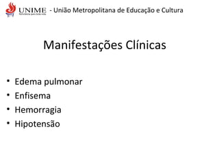 Manifestações Clínicas
• Edema pulmonar
• Enfisema
• Hemorragia
• Hipotensão
- União Metropolitana de Educação e Cultura
 